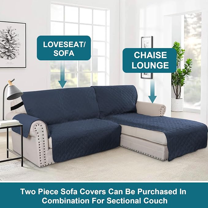 Turquoize 100% Waterproof Sofa Covers Chaise Lounge L Shape Sofa Protector Slip Cover Triple Non-Slip Sofa Slipcover for Chaise Sectional Couch Cover for Pets, Kids (Chaise, Navy) - Image 5