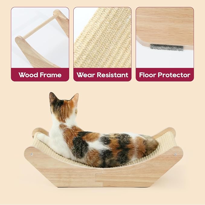 Zakkart Cat Sisal Scratching Bed Hammock, 2-in-1 Cat Scratcher & Lounging Bed, 100% Natural Sisal Mat, Solid Wood Frame, Cat Furniture Protector (Medium, Natural Color) - Image 4