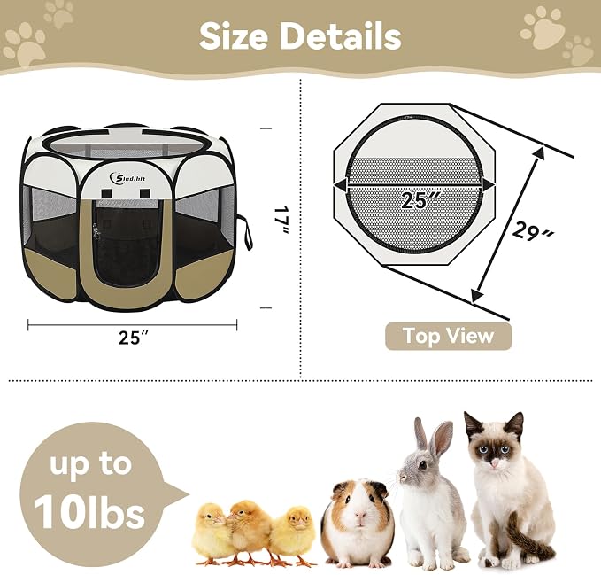 Siedihit Dog Cat Playpen, Small Puppy Pet Playpen, Dog Crate Tent Cage | Indoor/Outdoor, Portable Pop Up Dogs Kennel Playpen with Carrying Case for Dogs/Cats/Rabbits(Khaki, Small ) - Image 3