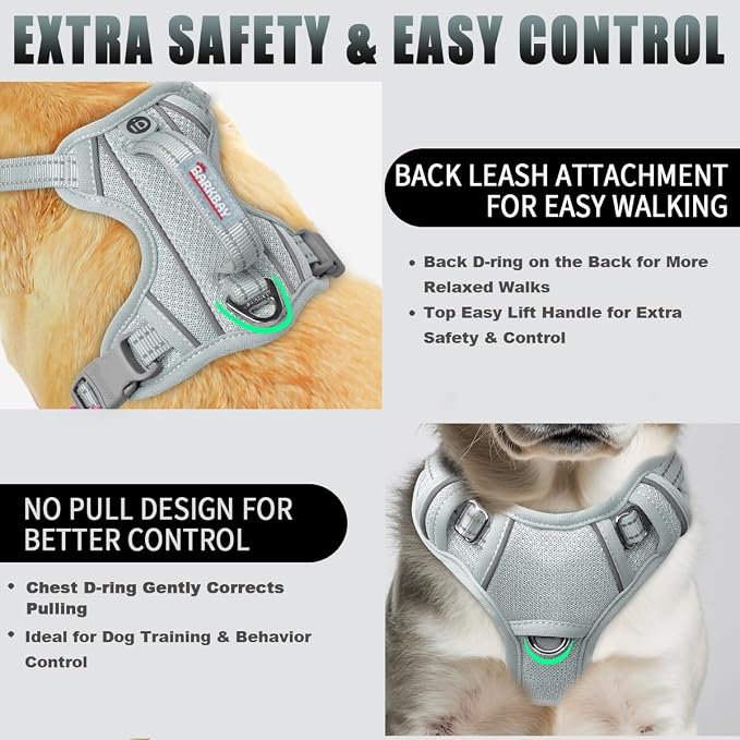 BARKBAY No Pull Dog Harness Large Reflective Dog Harness with Front Clip and Easy Control Handle for Walking Training Running with ID tag Pocket(Grey,S) - Image 3
