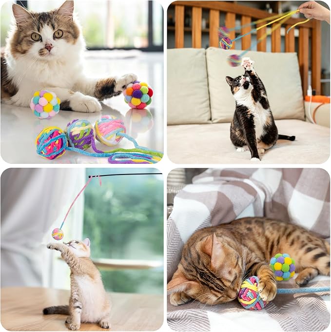Retro Shaw Cat Toys Balls with Bells Inside, Kitten Toys Pack 6Pcs | Woolen Yarn Cat Balls, Soft Pompom Jingle Ball with String, Interactive Kitty Nip Toys for Indoor Cats - Image 8