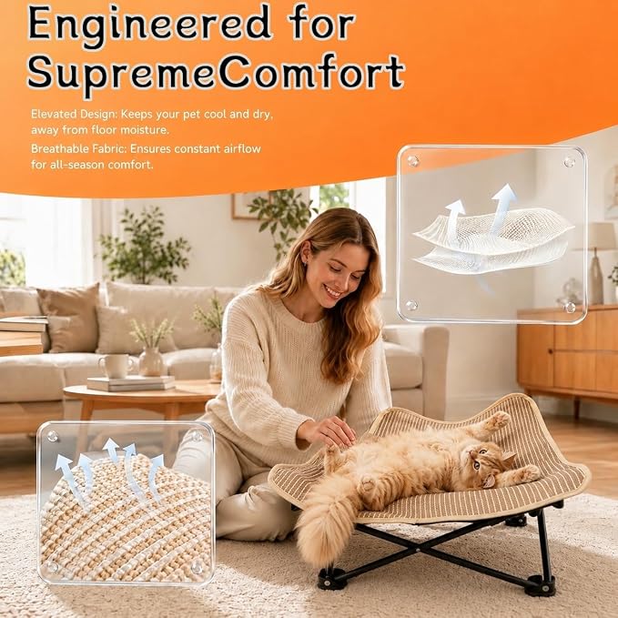 Foldable Cat Hammock Bed, Elevated Sisal Scratching Lounge with Metal Frame | Foldable for storage, sturdy metal frame, elevated design for security, natural sisal surface, for indoor cats - Image 7