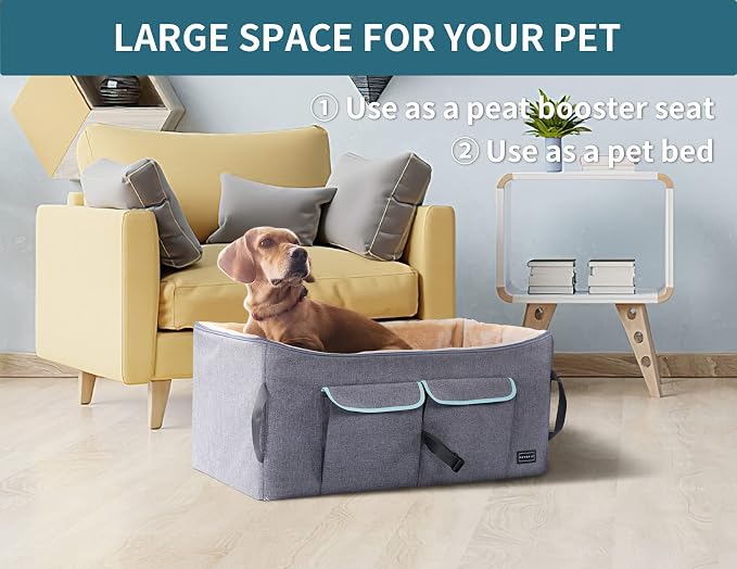 Petsfit Dog Car Seat for Large Dogs, Pet Travel Dog Booster Seat with 2 Safety Belt, Washable Double-Sided Cushion and Storage Pocket for Medium Dogs (Large, Light Grey) - Image 8