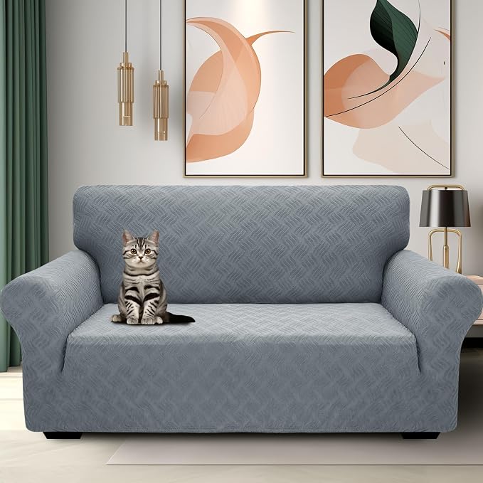 YEMYHOM Couch Cover Latest Jacquard Design High Stretch Sofa Covers for 2 Cushion Couch, Pet Dog Cat Proof Loveseat Slipcover Non Slip Elastic Furniture Protector (Medium, Leaf Pattern Light Gray) - Image 2