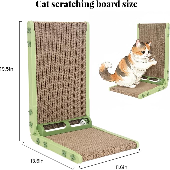 L Shape Cat Scratcher, 26.8 Inch Cat Scratchers for Indoor Cats, Protecting Furniture Cat Scratch Pad, Cardboard Cat Scratching with Ball Toy, Catnip, Large (Green) - Image 2