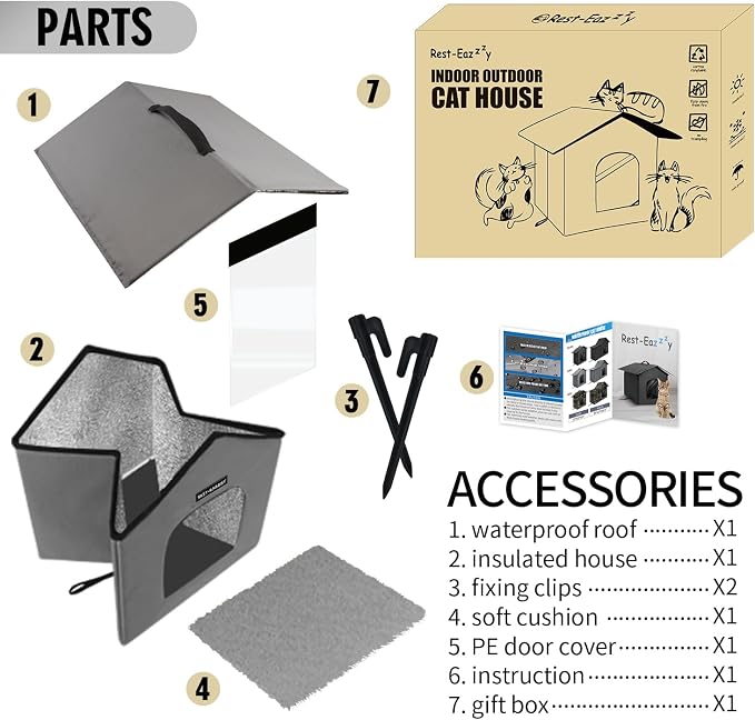 Outdoor Insulated Cat House for Feral Medium Cats Weatherproof | Indestructible windproof shelter with mat & clip, insulated waterproof design, fits stray & feral cats for winter outdoor use - Image 7