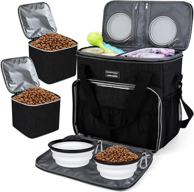 BAGLHER Dog Travel Bag, Pet Travel Bag (ALL Pet Travel Supplies), With 2 Pet Food Containers and 2 Collapsible Silicone Bowls; Essential Kits for Travel Black by BAGLHER