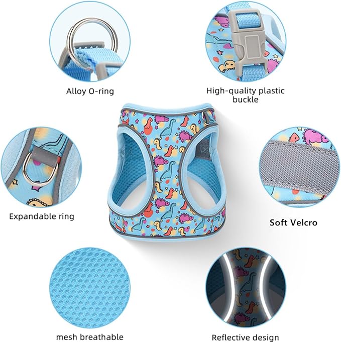 Step in Dog Harness No Pull Dinosaur Adjustable Soft Mesh Harness | Padded Reflective Pet Vest Harness and Leash Set for Small Medium Dogs - Image 4
