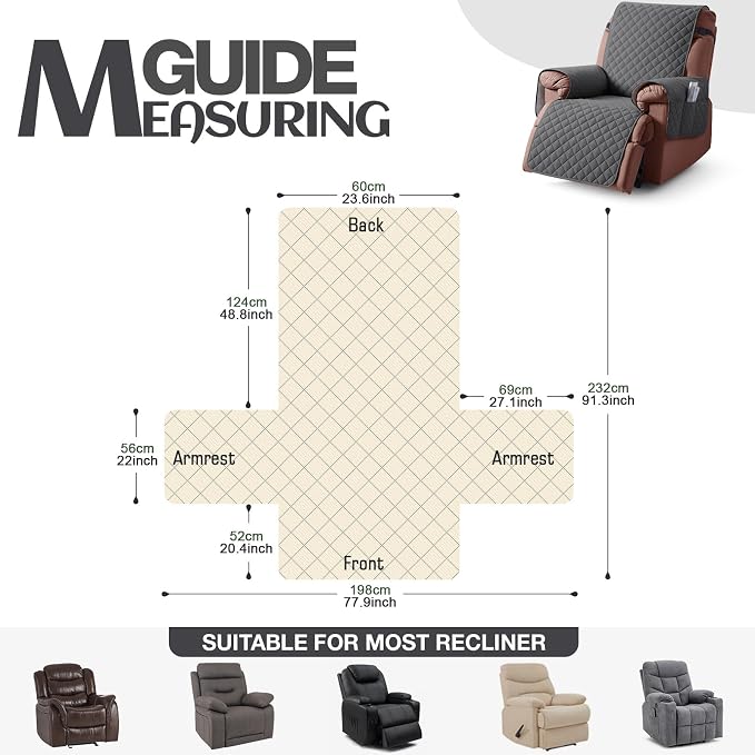 KinCam 100% Waterproof Recliner Chair Covers Washable, 23.6", Charcoal Gray | Anti Slip Reclining Couch Covers for Pets Dog, Recliner Sofa Slipcover Storage Pocket, Furniture Protector with Elastic Strap - Image 4