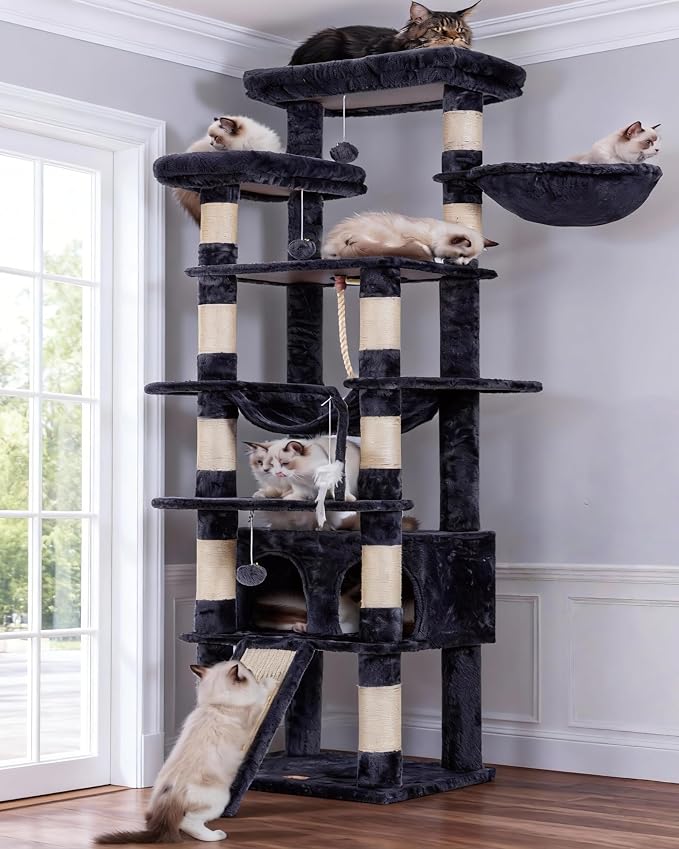 Heybly Tall Cat Tree 78-inch Multi-Level Cat Tower for Indoor Cats HCT033G | Cat Condo with 2 Widened Plush Perches, Multi-Level Cat Furniture with Scratching Board, Big Caves, Smoky Gray - Image 9