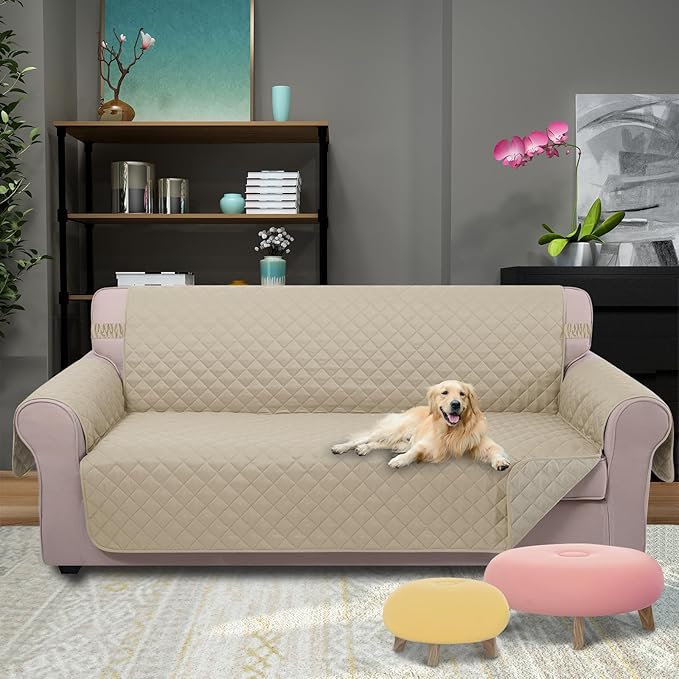 U-NICE HOME 4 Seater Sofa Cover 91''Large Couch Cover, Sand/Beige | Washable, Pet Friendly, Elastic Straps, Water Repellent, Furniture Protector Mat for 4 Cushion Couch - Image 2