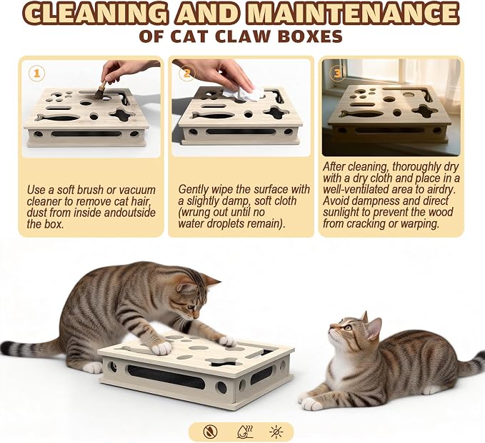 Cat Scratch Puzzle Enrichment Box, Large Solid Wood with Sandpaper Inside | Cat Nail File Enrichment Box with Sandpaper Inside, Cat Nail File Box Stress Free Alternative to Clippers and Grinders - Image 6