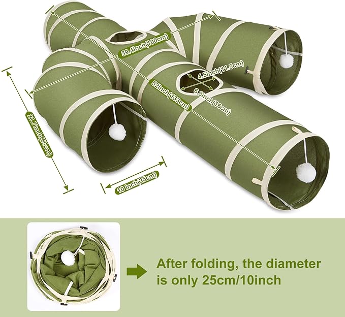 Ownpets Cactus Cat Tunnel 10" with Peek Holes for Indoor Large Cat, Green | Durable Oxford fabric, noise-free, foldable & connectable, multi-cat friendly, tube for cats up to 20lb, includes ball & wand - Image 6