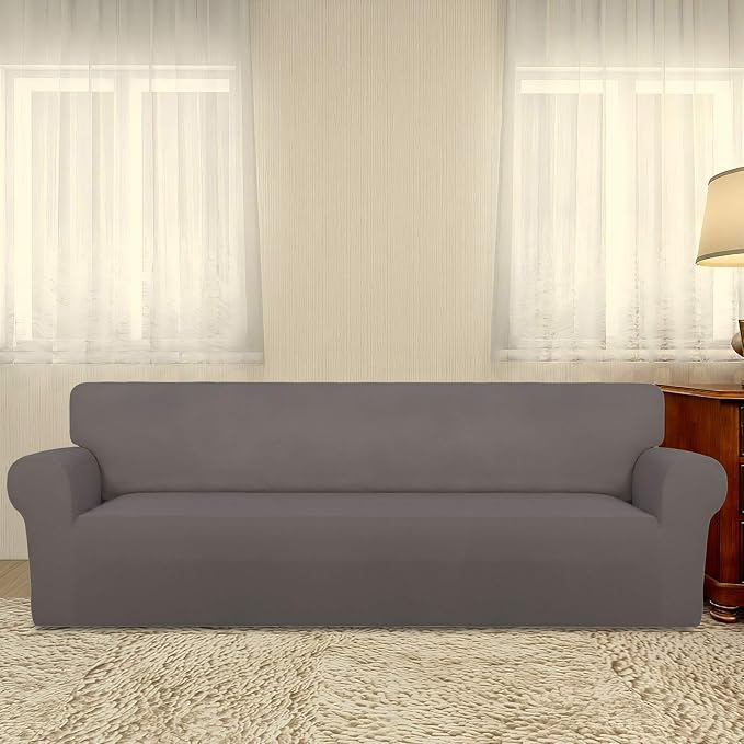 PureFit Stretch Couch Covers for Sofa 4 Seater Slipcovers Taupe | 1-Piece Sofa Cover Washable Soft Couch protector, Couch Slipcover with Non Skid Foam and Elastic Bottom for Kids, Dogs - Image 2