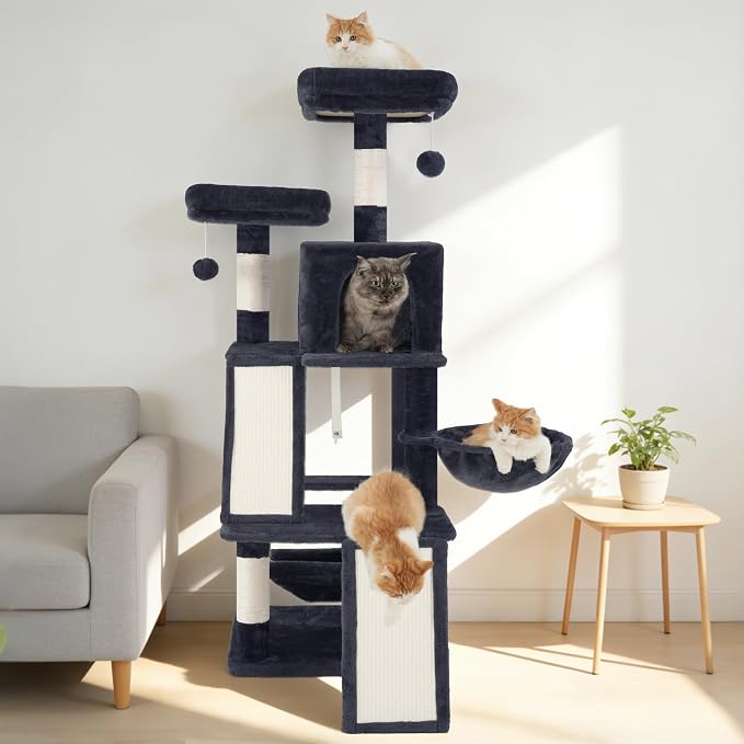 Cat Tree Tower Multi-Level with 2 Scratching Boards, GCT022G | 55.1 inch Cat Condo House with Hammock for Indoor Cats, 2 Plush Padding Platforms, Basket, Scratching Post, Toys, Dark Gray - Image 7