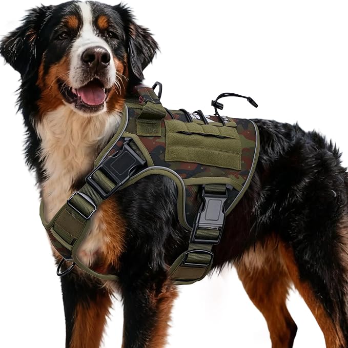 Heavy-Duty Tactical Dog Harness for Large Dogs, No Pull Adjustable Reflective Pet Vest with Molle System, K9 Military-Grade Control for Service Training, Outdoor & 10+ Breeds, Green Camo, XX-Large by Bruvoalon