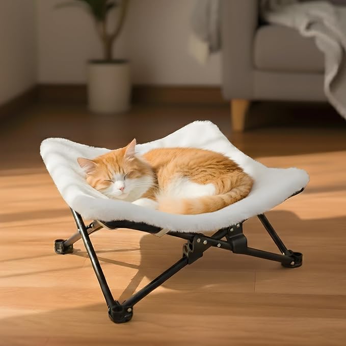 PETKARAY Foldable Cat Hammock Bed, Elevated Fluffy Kitty Lounge Furniture with Metal Frame, Raised Cat Hammock Chair for Indoor Cats by PETKARAY