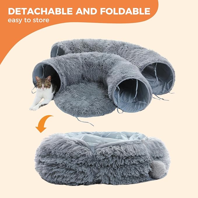 PAWZ Road Cat Tunnel Bed,Collapsible Cat Donut Tunnel with Soft Mat & Balls | 2 tunnels + soft mat form circle, with peephole & dangling balls. Plush, collapsible, Stores Easy. For small & large cats - Image 5