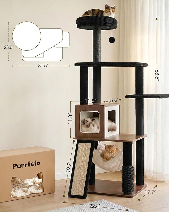 61" Wood Cat Tree Tower, Modern Cat Furniture for Indoor Cats | Engineered Wood & Plush | 61"Modern Cat Tower | 20 lbs Per Platform | Anti-Tip Base | Sisal Posts | Washable Cushions - Image 7