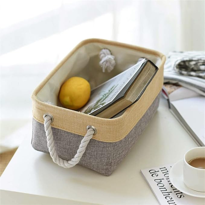 TheWarmHome Decorative Basket Rectangular Fabric Storage Bin Organizer Basket with Handles for Clothes Storage (Gold&Grey, Medium-1Pack,13.8L*9.8W*6.7H) - Image 4