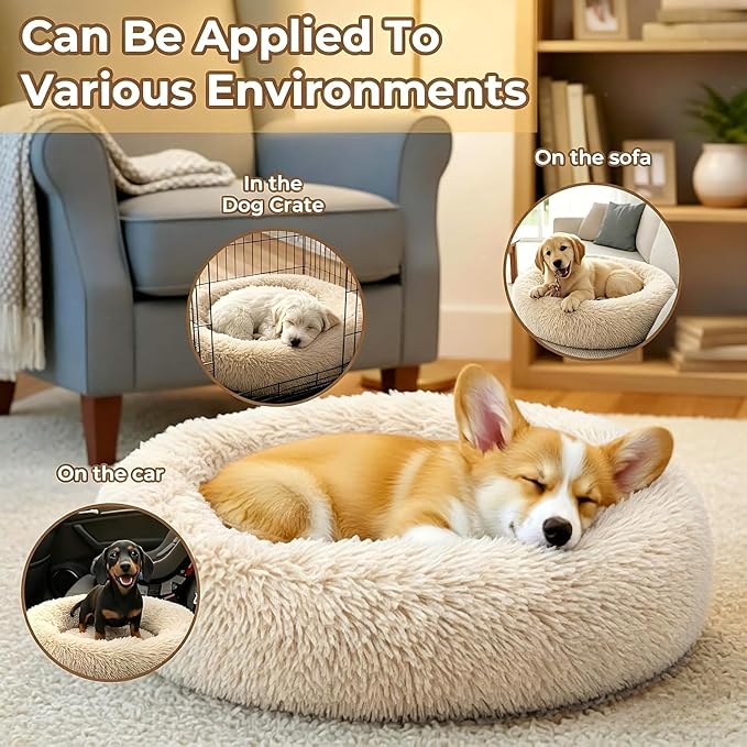 Calming Extra Large Donut Dog Bed, Anti-Anxiety Round Soft Fluffy Plush Faux Fur Washable Anti-Slip Pet Bed for Medium Dogs Up to 45 lbs 32in Light-Brown - Image 5