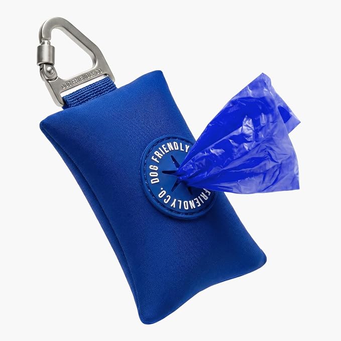 Dog Friendly Co. Poop Bag Holder for Leash, Dog Waste Bag (Classic Blue) | One Click Clip Potty Carrier Dispenser, Pet Trash Bags, Neoprene Fabric for All Weather Conditions, Stylish Walking Accessory by DogFriendly