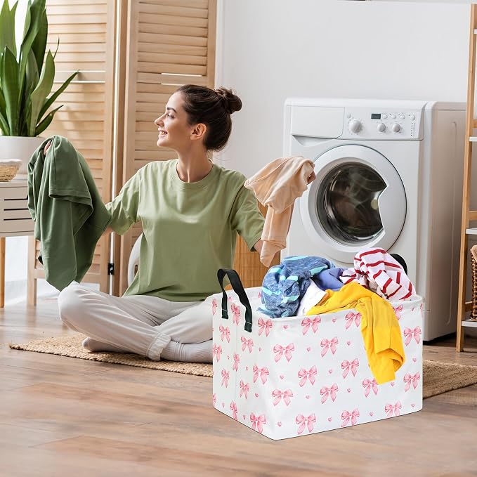 Pink Bow Canvas Storage Basket Waterproof Laundry Hamper with Leather Handles Collapsible Decorative Bin for Girls Bedroom Toys Clothes Gift Giving - Image 5