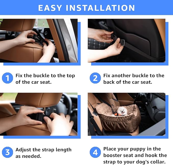 Oiilores Dog Car Seat for Small Dogs, Washable Pet Booster Seats with Clip-On Safety Leash, Comfy Deluxe Plush Carseat with Storage Pockets, Puppy Car Travel Carrier Bed for Dogs Under 25 lbs, Brown - Image 5