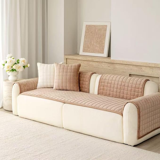 Velvet Washable Couch Cover for Dog,L Shape Sofa Cover for Pets. | 27.6"x90",Khaki,Sectional Couch Cover,Soft Velvet,Non-Slip,Furniture Protector,quilted - Image 4