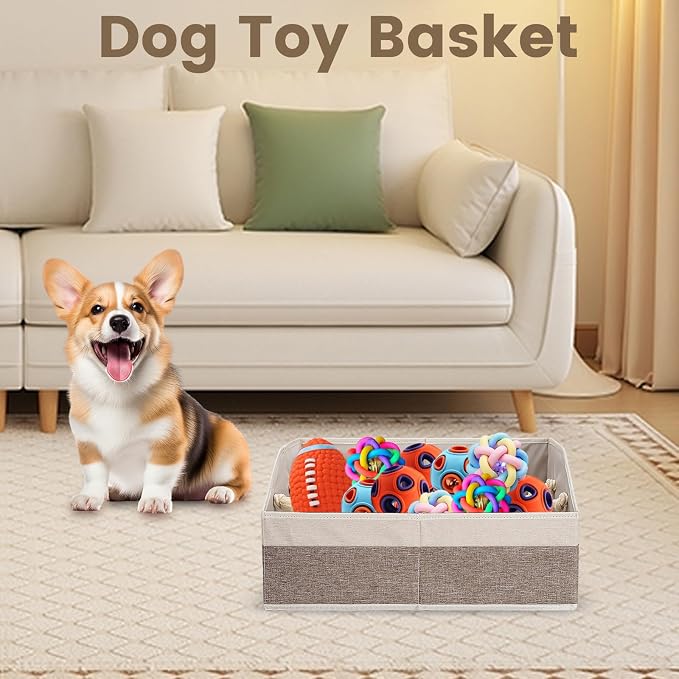 Large Dog Toy Basket with Handle, Foldable Dog Toy Box for Living Room Area , 20" Basket for Dog's Supplies, Organizer and Storage with Hard Board, Anti-Slip for Pet Toys (Brown, Medium 20"×15") - Image 6