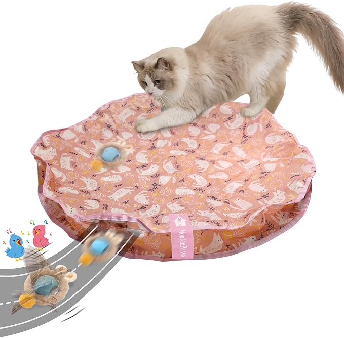 Cat Toys for Indoor Cats, Interactive Cat Toy for Adult Cats | Hide and Seek Play Mat for Bored Kittens, Automatic Rolling Ball with Real Bird Chirping, Motion Activated Rechargeable by MoofeePaws