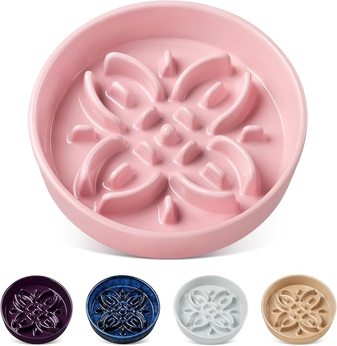 vancasso Ceramic Slow Feeder Dog Bowls, Puzzle Dog Food Bowls with Floral Maze, Anti -Slip Pet Food Dish for Small Breed, 0.6 Cups, Pink by vancasso