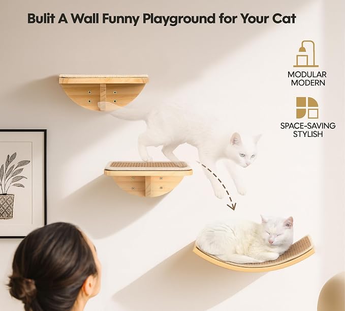 Cat Wall Shelves with Sisal Mat, Cat Wall Furniture Steps for All Breeds | Wooden Cat Wall Shelves with Sisal Mat, 2 Floating Wall Steps, Cat Wall Furniture Steps, Perfect for Climbing and Playing - Image 4