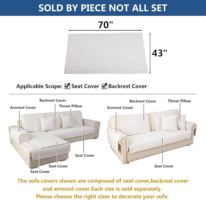 Eismodra Couch Cover,Sectional Couch Covers,Sofa Covers for 3 Cushion Couch,Anti-Slip Sofa Slipcovers for Dogs Cats Kids Loveseat Recliner L Shaped Armrest Backrest,White 43''x70''(Only 1 Piece) - Image 5