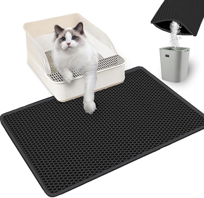 Ultra-Soft Cat Litter Mat 23.4"x14.7" Urine-Proof Non-Slip Black | Catches various litter, 3D large-pore, side-opening pour-out, easy clean, soft & durable, BPA-free, small litter mat by Xuanyaente