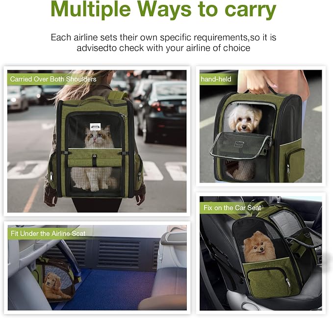 Large Cat Backpack Carrier Expandable Pet Carrier Backpack for Small Dogs Medium Cats Fit Up to 18 Lbs, Dog Backpack Carrier, Foldable Puppy Backpack Carrier for Travel,Dark Green, Large - Image 7