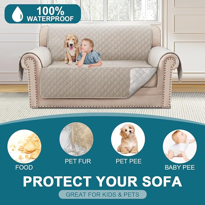 Turquoize 100% Waterproof Couch Cover Sofa Covers for 2 Cushion Couch Loveseat Covers Triple Non-Slip Couch Cover for Dogs Washable Furniture Protector Cover for Pets, Kids,Dog (Loveseat 54",Pale Oak) - Image 2