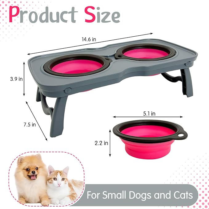PINVNBY Elevated Dog Bowls Portable Raised Dog Bowl Stand with 2 Collapsible Silicone Food Bowl Non-Slip Travel Bowls for Small Dogs and Cats (14.6" L x 3.9" W x 3.9" H) - Image 2