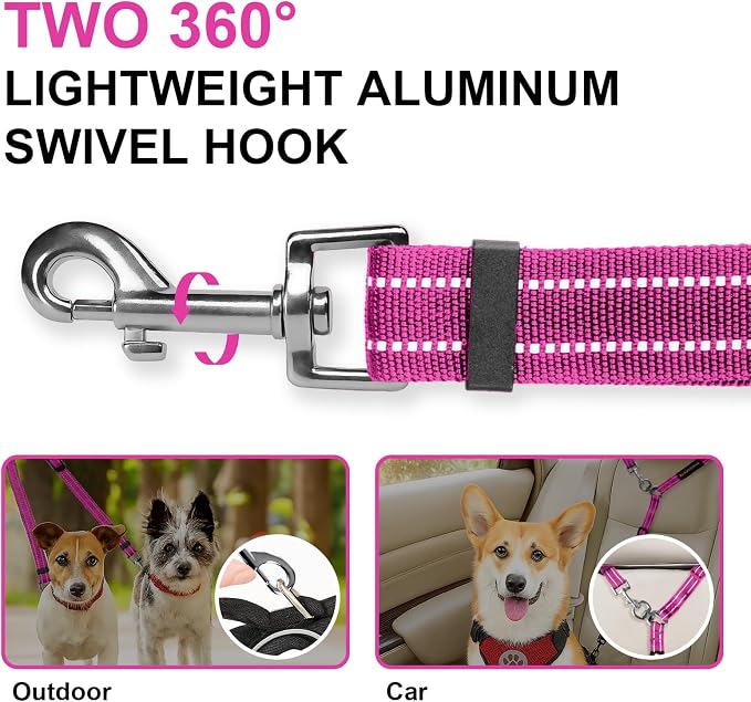 MingXpet Double Dog Leash for Two Dogs, No Pull Dog Leash, 360° Swivel No Tangle for Medium Dogs Walking & Training, Shock Absorbing Reflective Bungee, Rose - Image 3