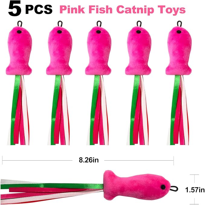 Cat Toys Catnip, 5PCS Floppy Fish Cat Toy Filled Soft Plush, Pink Flopping Fish Chew Kitten Toys, Catnip Wand Toy Attachment with Ribbons, Interactive Cat Toys for Indoor Cats Kitten Play Chew - Image 2