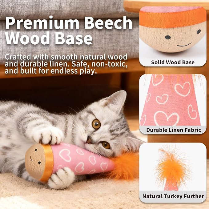 Lulu's world Solid Wood Wobbler Cat Toy with Catnip for Cats,Feather Style | Cat Punching Bag,360° irregular motion, noiseless physical drive, hardwood construction, rounded finish,interactive toys - Image 4