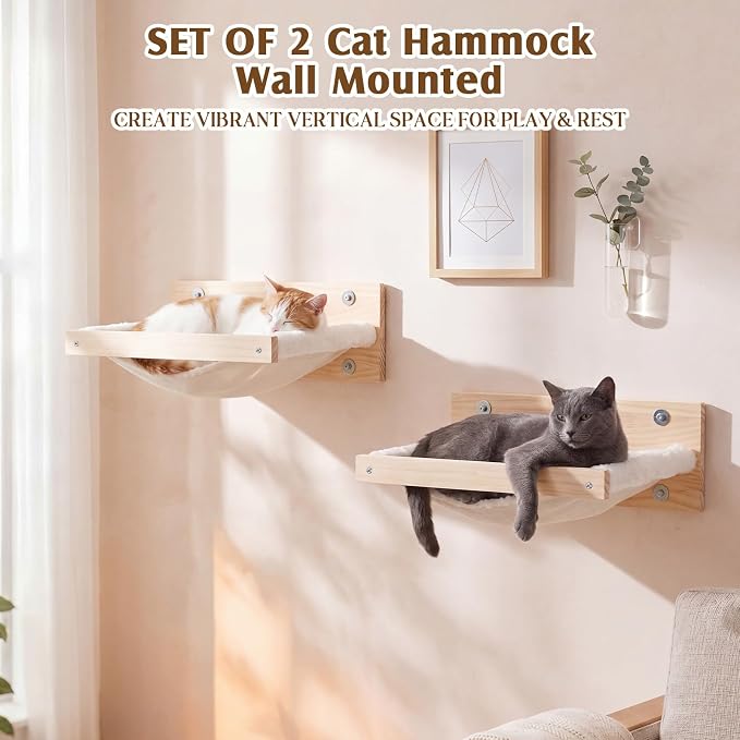 Aliceset Set of 2 Cat Hammock Wall Mounted, Wooden Mount Cat Furniture & Beds, Stable Wall Shelves for Large Cats Sleeping, Playing, Climbing, and Lounging - Image 4