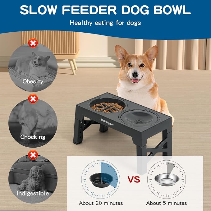 3-in-1 Elevated Slow Feeder Dog Bowls for Food and Water, 5 Heights Adjustable Raised Dog Bowls, Non-Slip, No Spill, for Small Medium Large Dogs and Cats(Grey) - Image 3