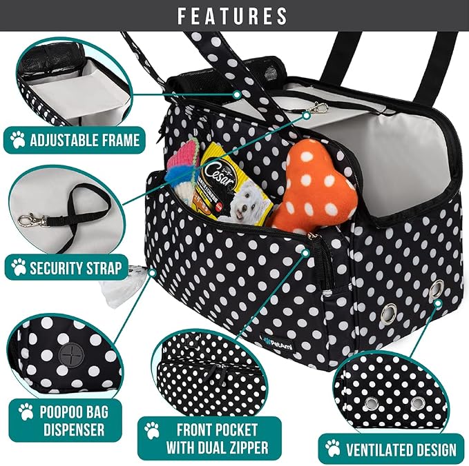 PetAmi Small Dog Purse Carrier, Soft-Sided Pet Carrier Bag with Pockets, Portable Puppy Cat Travel Handbag Tote, Airline Approved Breathable Mesh, Poop Bag Dispenser, Max 18 lbs, Polka Dot Black - Image 3