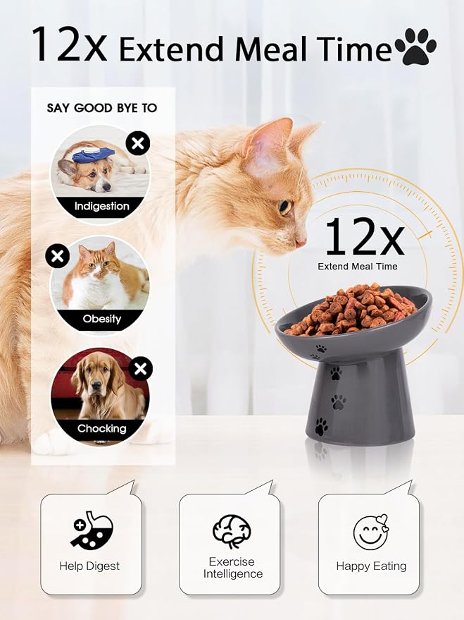 Y YHY Slow Feeder Cat Bowl, Ceramic Cat Slow Feeder Bowl, 6 Inches, Elevated, Anti Vomiting for Dry and Wet Food, Gray - Image 2
