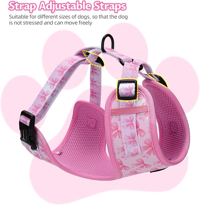 Small Dog Harness and Leash Set of 6, No Pull Soft Lightweight Mesh Puppy Harness, Adjustable Cute Floral Pattern Pet Harness for Small Medium Dogs (Pink Bow, S) - Image 5