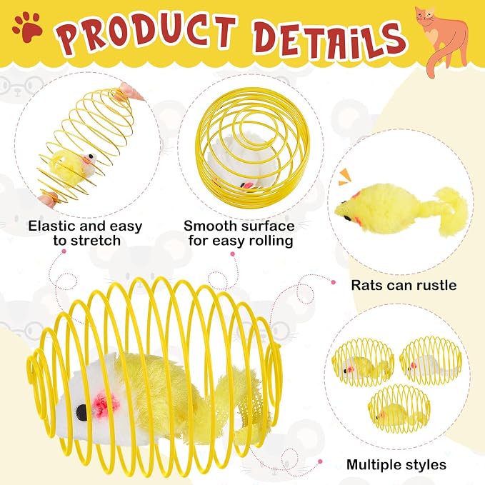 Jecery 5 Pcs Cat Toys Spring,Yellow Mouse,Yellow | Interactive Metal Cat Toy, Stretchable Rolling Ball, for Indoor Cats, Colorful Playful Coils, Kitten Pet Supplies - Image 3
