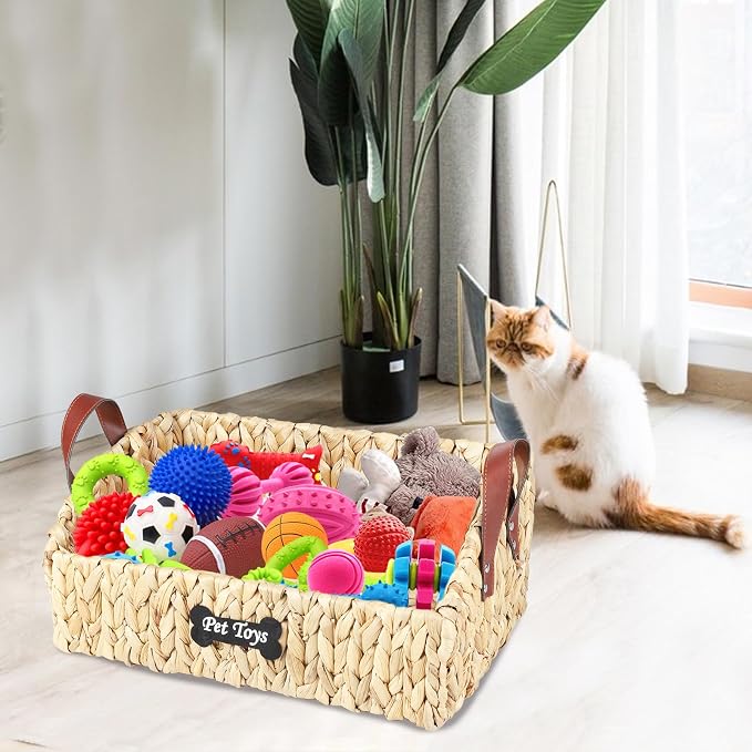 Trapezoid Pet Dog Toy Basket,Medium Dog Toy Bin,Wicker Storage Basket for Dog Cat Toys,Dog Storage Organizer for Leash Blanket Toys Snacks -Natural Farmhouse Water Hyacinth - Image 6