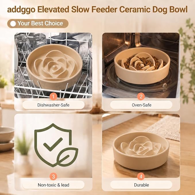 Elevated Ceramic Slow Feeder Dog Bowls Anti-Choking Slow Feeding for Medium& Large Anti-Slip Non-Lead & Toxic Durable Easy to Clean Maze Slow Feeder Bowl（8.66in Khaki Flower Pattern） - Image 5