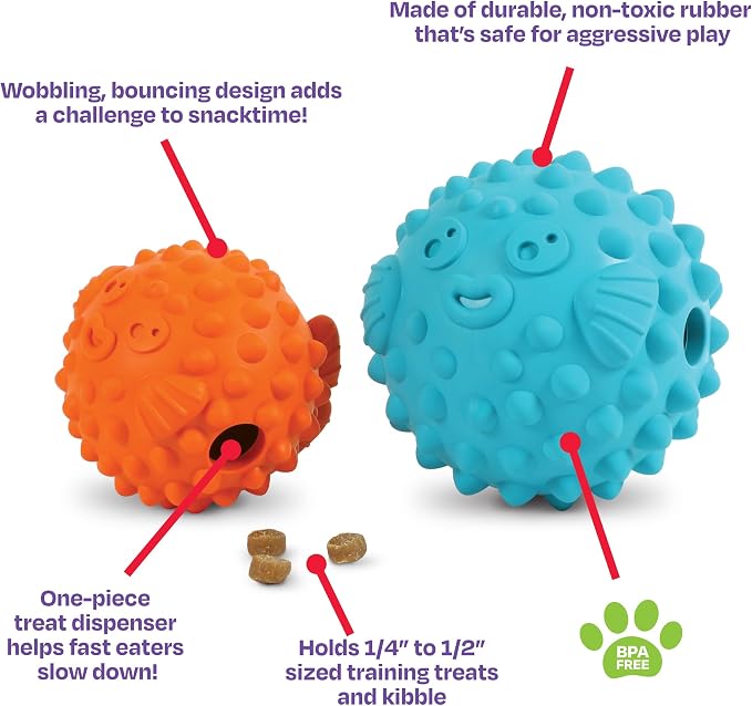 Brightkins Tough & Tumble Treat Dispenser Large Pufferfish - Interactive Dog Toys, Dog Treat Dispenser Toy, Puppy Training Toys, Durable Puzzle Balls for Dogs, Enrichment Slow Feeder Ball - Image 2